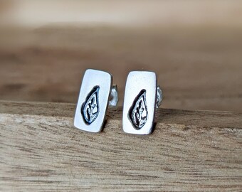 Sterling silver dainty leaf stamped rectangular stud earrings, Christmas gift for nature lovers, gift for gardeners