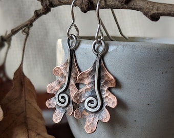 Oak leaf copper and sterling silver earrings, handmade hammered copper drop earrings, gift for oak tree lovers