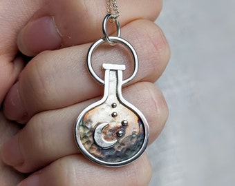 Silver potion bottle pendant, handmade magical necklace, gift for magic lovers