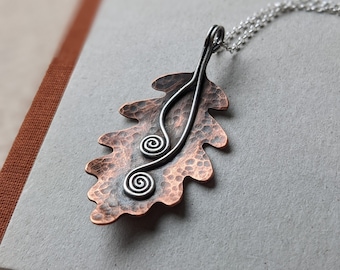 Oak leaf copper and sterling silver pendant, handmade copper leaf necklace, birthday gift for her