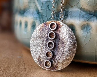 Sterling silver full moon pendant, handmade unique textured disc necklace, contemporary jewellery gift