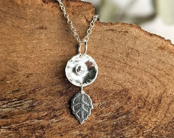 Silver flower and leaf charm pendant, dainty handmade floral silver necklace, gift for nature lovers