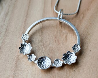 Sterling silver floral hoop pendant, unique handmade botanical necklace, Christmas gift for gardeners