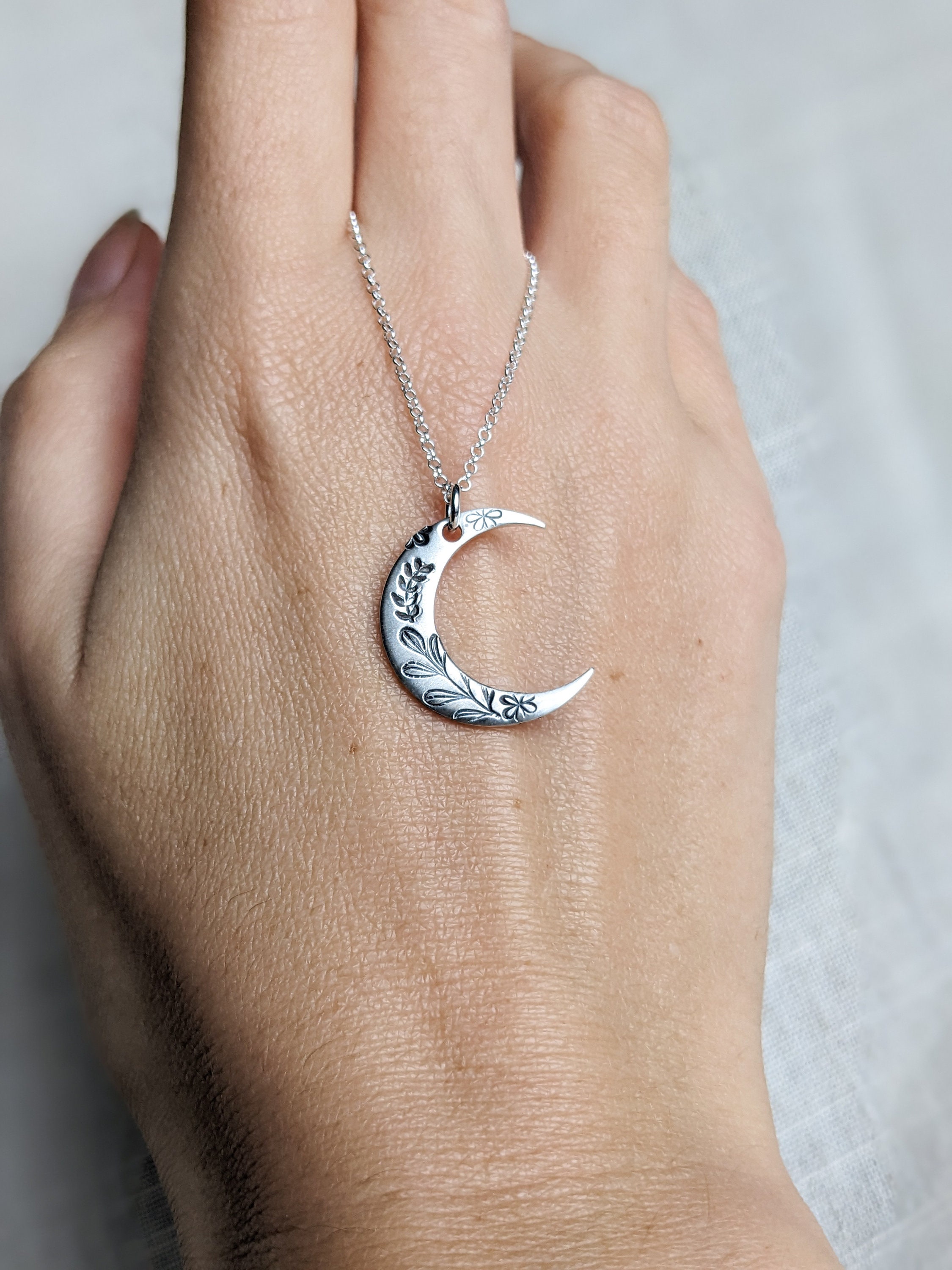 Sterling Silver Crescent Moon Necklace, Hand Stamped Botanical