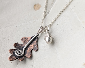 Oak leaf copper and sterling silver pendant, handmade hammered copper pendant with 18&quot; silver chain, Christmas gift for women