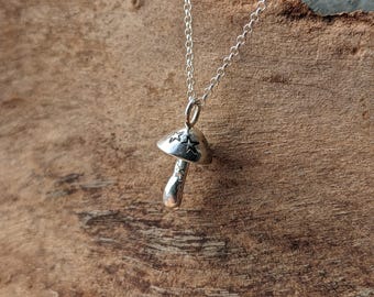 Sterling silver mushroom necklace, hand stamped tiny mushroom pendant on 18 inch silver chain, gift for mushroom lover