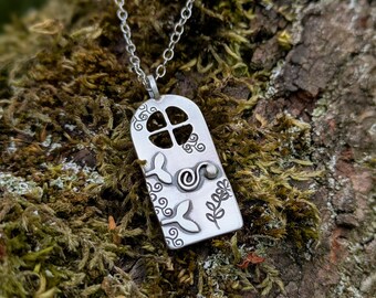 Silver fairy door necklace, on 18&quot; silver chain, romantacy necklace, enchanted jewellery, gift for faery lovers