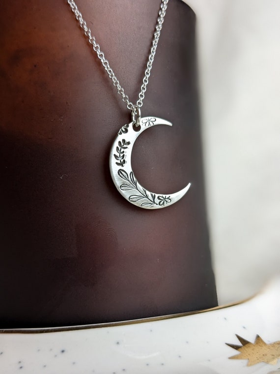 Sterling silver crescent moon necklace, hand stamped botanical moon pendant on 18 inch silver chain, gift for moon lover