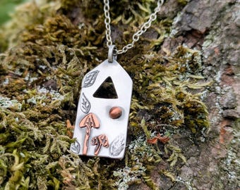Silver fairy door necklace with copper details, on 18&quot; silver chain, romantacy necklace, enchanted jewellery, gift for faery lovers