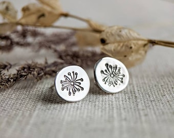 Sterling silver dandelion stud earrings, handmade dainty floral silver earrings