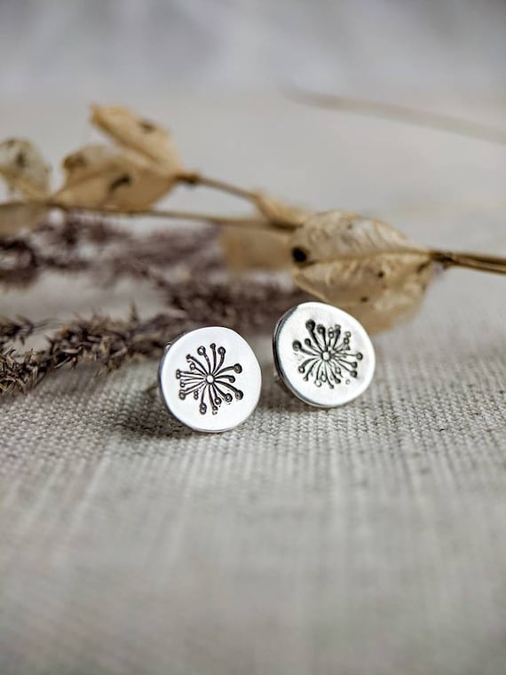 Sterling silver dandelion stud earrings, handmade dainty floral silver earrings