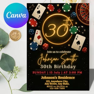 Casino Birthday Invitation: Poker Night Party, Editable Template (PDF Download 5x7in