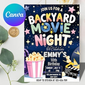 Backyard Movie Night Birthday Invitation Under The Stars Invite Girls Outdoor Slumber Party Cinema Sleepover Party Popcorn EDITABLE
