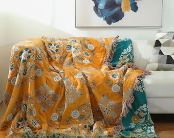 Floral Boho Decke Baumwolle Gaze |  Dekorativer Sofaüberwurf mit Quastenfransen | Gemütlicher Couch Überwurf |  Vintage Stil Wohnkultur