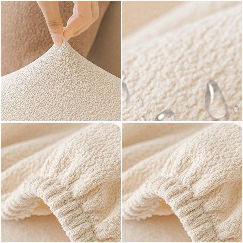 May include: Close-up of a beige textured fabric, possibly a sofa cover or upholstery material. The fabric has a subtle pattern and appears soft. Water droplets are visible on the surface, suggesting a water-resistant feature. The material is being stretched by a hand.