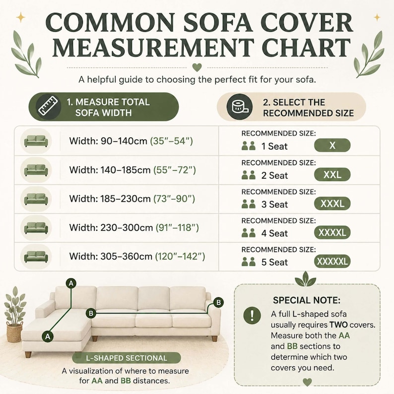 May include: A sofa cover measurement chart with a helpful guide to choosing the perfect fit. It includes measurements in inches and centimeters for sofa widths ranging from 35" to 142". The chart also recommends cover sizes from 1 to 5 seats.