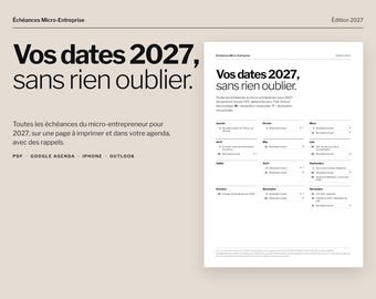 Kalendarz terminów dla mikroprzedsiębiorstw na rok 2027 | Terminy dla URSSAF, CFE, VAT i fakturowania elektronicznego | PDF + Kalendarz Google, iPhone, Outlook