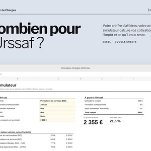 Peut inclure: Une interface de tableur numérique intitulée Simulateur-Charges-2026.xlsx affichant des calculs financiers pour les cotisations Urssaf, incluant des colonnes pour l'activité, l'impôt et le revenu net en euros sur fond gris clair.