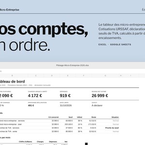 Peut inclure: Un modèle de tableur intitulé Pilotage Micro-Entreprise Édition 2026. L'interface affiche un tableau de bord avec des données financières, incluant le chiffre d'affaires, les charges et les seuils de TVA, compatible avec Excel et Google Sheets.