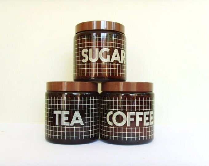 Vintage Brown Glass Tea Coffee Sugar Jars 80s 70s Etsy