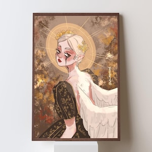 Gothic Angel Art Print, Rolled Poster of Fantasy Woman with Wings, Original Non-AI Illustration for Dark Aesthetic Wall Decor