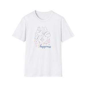 蝶の線画フェイスTシャツ｜ミニマルな花柄イラスト、ハピネススクリプト