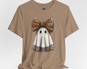 Cute Bow Ghost tee | Halloween ghost with plaid bow, cartoon spooky shirt