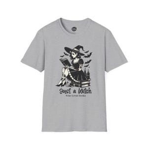 Just a Witch Who Loves Books Halloween Enthusiasts, Unisex Halloween Tee, Cute Witch Graphic Shirt, Fall T-Shirt, Gift for Witch Lovers