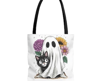 Whimsical Cat Ghost Tote Bag, Halloween, Gift for Cat Lovers, Cute Eco-Friendly Bag, Floral Design, Everyday Use