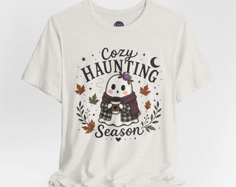 Camiseta con estampado de fantasmas para una acogedora temporada de Halloween / Bufanda a cuadros con hojas de otoño