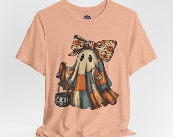 Patchwork Bow Ghost Tee | Cute Halloween Ghost with Candy Bucket, Autumn Colors