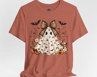Leopard Bow Ghost Halloween T-Shirt | Pumpkin, Bats, Spiders