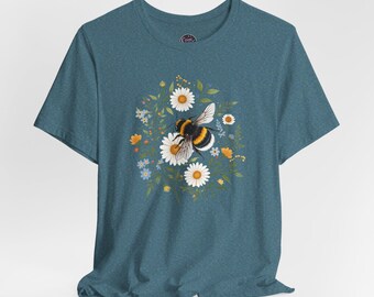 Bumblebee and Daisies Tee | Floral Bee Illustration, Spring Nature Shirt