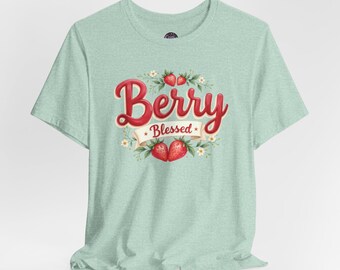 Berry Blessed Tee | Strawberry Graphic, Floral Script