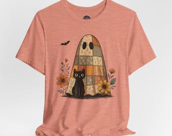 Patchwork Ghost with Black Cat Tee | Autumn Sunflower Halloween Shirt