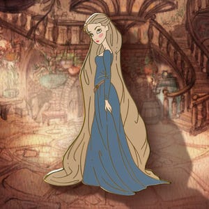 May include: A pin featuring a cartoon illustration of a woman with long blonde hair wearing a blue dress. The pin has a gold outline and is set against a detailed background. The text "@CURSEDCONCEPTS" is at the bottom.