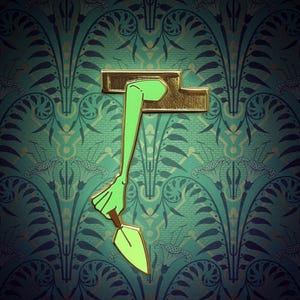 May include: A green and brown gardening trowel pin with a gold border and a gold rectangular accent. The pin is set against a teal and navy blue floral patterned background. The text "@CURSEDCONCEPTS" is at the bottom.