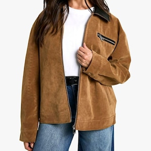 Women Brown Suede Jacket With Black Leather Collar Oversized Slim Fit Zip Pocket