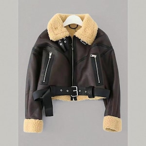 Women Sheep Leather Fur Jacket- Handmade sheepskin Leather Jackets Shearling Bomber Biker fur Jacket