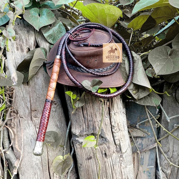 Handmade Kangaroo Leather Bullwhip, Long Wooden Handle, Custom Plait
