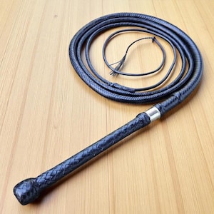 Bullwhip Black 12 Plait Cowhide Leather, Handmade Custom Size Cowboy Whip with Long Handle, Real Leather Whip for Cosplay & Training