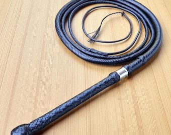 Bullwhip Black 12 Plait Cowhide Leather, Handmade Cowboy Whip with Long Handle, Real Leather Whip for Performance, Cosplay & Training
