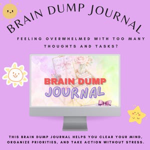 Può includere: Illustrazione digitale che promuove un "Brain Dump Journal" su sfondo lilla. Il testo include "Brain Dump Journal", "Ti senti sopraffatto da troppi pensieri e compiti?" e "Questo Brain Dump Journal ti aiuta a liberare la mente, organizzare le priorità e agire senza stress."