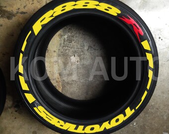 Toyo Tires R888R Stripe Permanent Tire Stickers – Full Set of 8 for 4 Tires – White Raised Lettering | Waterproof & 1.25" Decals