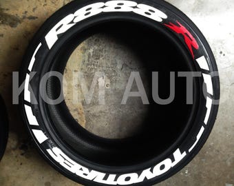 Toyo Tires R888R Stripe Permanent Tire Stickers – Full Set of 8 for 4 Tires – White Raised Lettering | Waterproof & 1.25" Decals