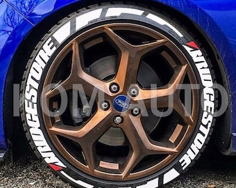 Bridgestone Stripe Permanent Tire Stickers – Full Set of 8 for 4 Tires – White Raised Lettering | Waterproof & Heat-Resistant Decals