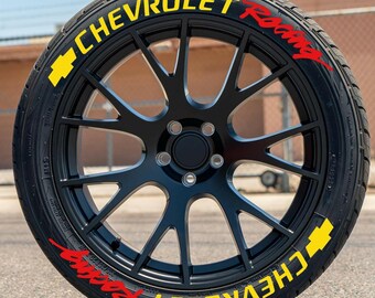 Chevrolet Racing Permanent Tire Stickers – Full Set of 8 for 4 Tires – White Raised Lettering | Waterproof & 1.25" Decals