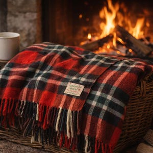 Puede incluir: Una manta a cuadros rojos, negros y blancos con flecos está sobre una cesta de mimbre. Una taza blanca está sobre una superficie de madera. Una chimenea con fuego ardiendo está al fondo, creando una escena cálida.