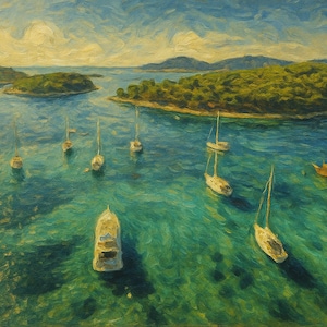 Croatian Coastline Sailboats – Digital Oil Painting Print, Adriatic Sea Wall Art, Yacht Landscape near Islands,