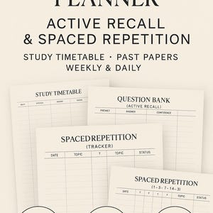 Peut inclure: Planificateur de révision d'examen avec texte "Active Recall & Spaced Repetition". Comprend un emploi du temps d'étude, des annales et des pages de planification hebdomadaires et quotidiennes. Avec "Editable in Canva", "PDF imprimable" et "Téléchargement instantané".